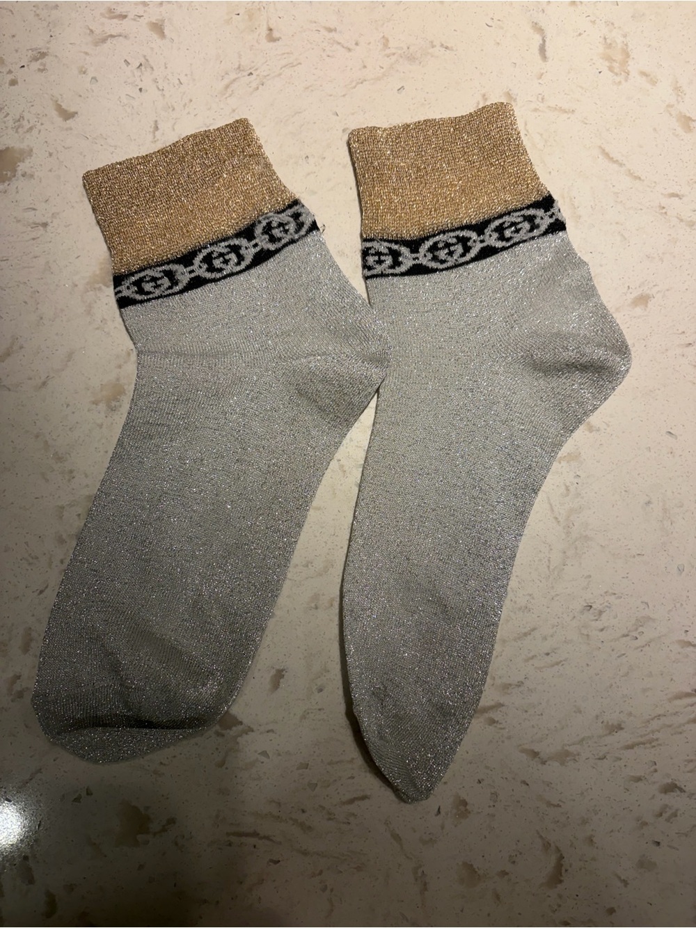 Gucci Silver Glitter Crew Socks with Gold Cuff and Black Logo Band